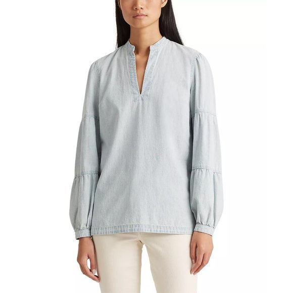 LAUREN RALPH LAUREN Chambray V-Neck Top - Vintage Chambray Wash - Medium Petite - Picture 1 of 4